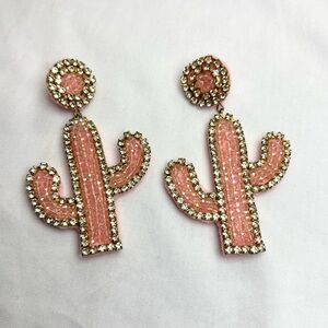 Handmade Light Pink Cactus Beaded Earrings with Rhinestones New!